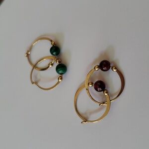 2 Pairs Gold Hoop Earrings Malachite and Garnet NWOT